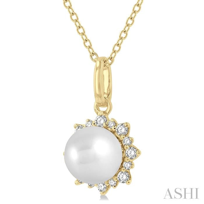 6 MM Round Shape Cultured Pearl and 1/10 Ctw Petite Sun Round Cut Diamond Fashion Pendant With Chain in 10K Yellow Gold