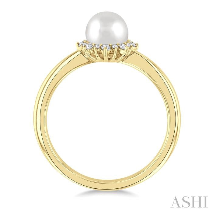 6 MM Round Shape Cultured Pearl and 1/10 Ctw Petite Round Cut Diamond Sunburst Halo Fashion Ring in 10K Yellow Gold