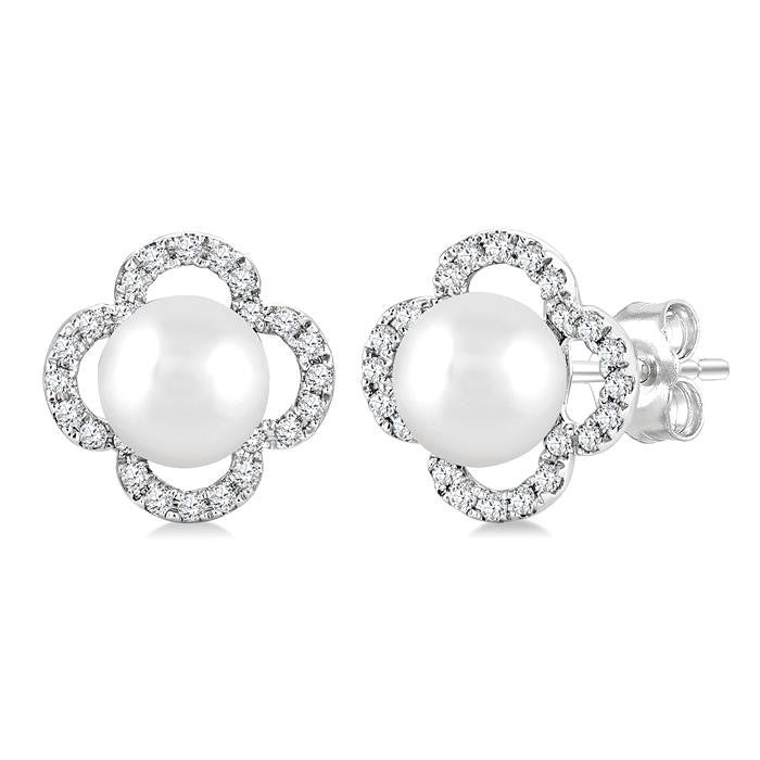 5 MM Cultured Pearl and 1/6 Ctw Round Cut Diamond Clover Petite Fashion Earrings in 10K White Gold