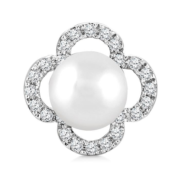 5 MM Cultured Pearl and 1/6 Ctw Round Cut Diamond Clover Petite Fashion Earrings in 10K White Gold