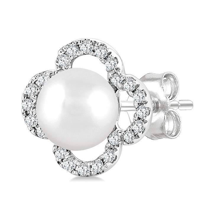 5 MM Cultured Pearl and 1/6 Ctw Round Cut Diamond Clover Petite Fashion Earrings in 10K White Gold