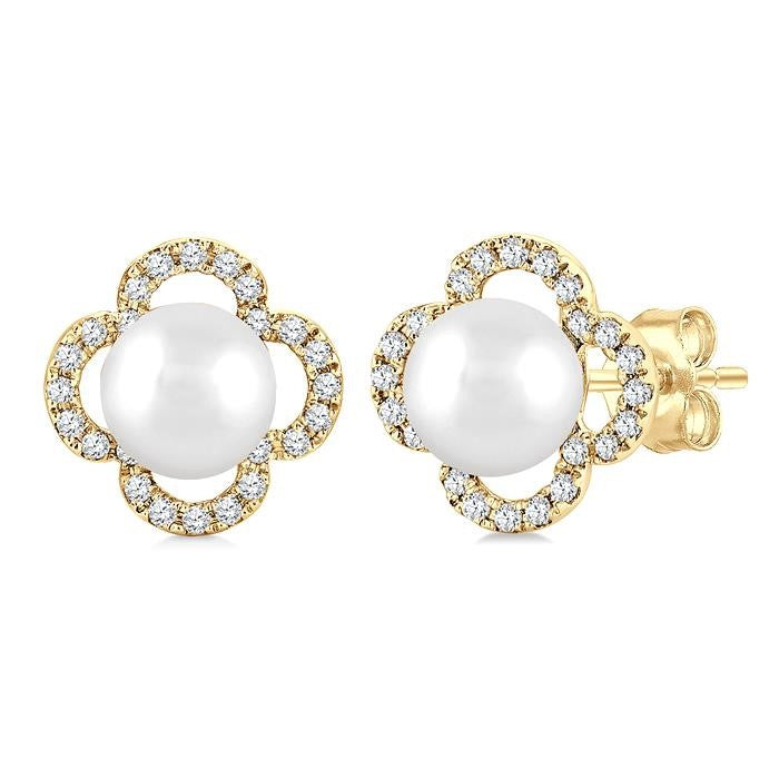 5 MM Cultured Pearl and 1/6 Ctw Round Cut Diamond Clover Petite Fashion Earrings in 10K Yellow Gold