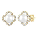 5 MM Cultured Pearl and 1/6 Ctw Round Cut Diamond Clover Petite Fashion Earrings in 10K Yellow Gold