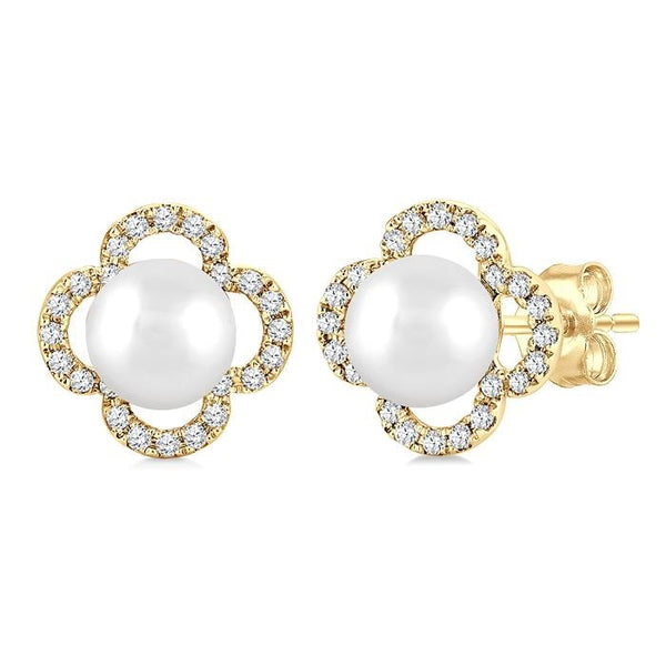 5 MM Cultured Pearl and 1/6 Ctw Round Cut Diamond Clover Petite Fashion Earrings in 10K Yellow Gold