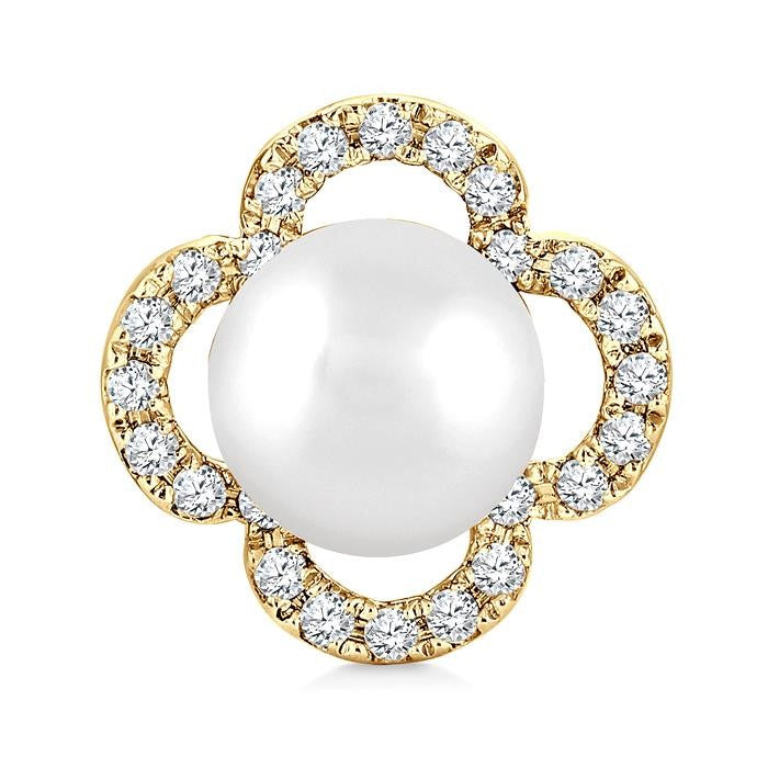 5 MM Cultured Pearl and 1/6 Ctw Round Cut Diamond Clover Petite Fashion Earrings in 10K Yellow Gold