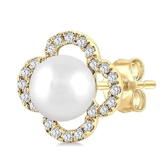 5 MM Cultured Pearl and 1/6 Ctw Round Cut Diamond Clover Petite Fashion Earrings in 10K Yellow Gold