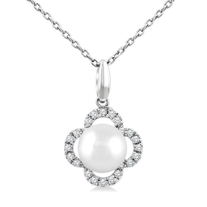 6 MM Cultured Pearl and 1/10 Ctw Round Cut Diamond Clover Petite Fashion Pendant With Chain in 10K White Gold