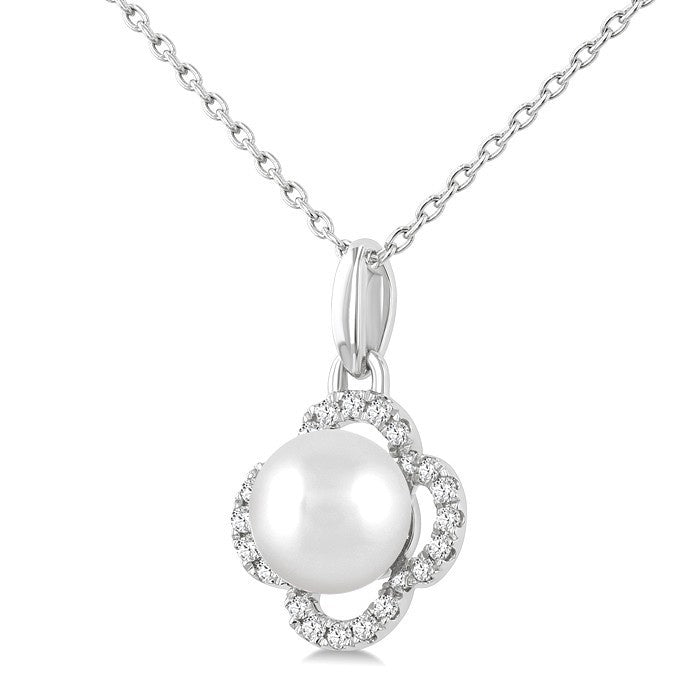 6 MM Cultured Pearl and 1/10 Ctw Round Cut Diamond Clover Petite Fashion Pendant With Chain in 10K White Gold