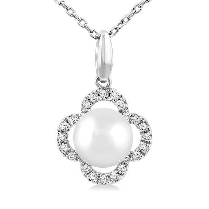 6 MM Cultured Pearl and 1/10 Ctw Round Cut Diamond Clover Petite Fashion Pendant With Chain in 10K White Gold