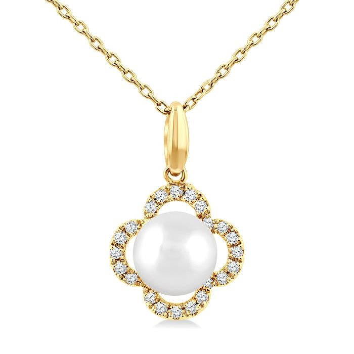 6 MM Cultured Pearl and 1/10 Ctw Round Cut Diamond Clover Petite Fashion Pendant With Chain in 10K Yellow Gold