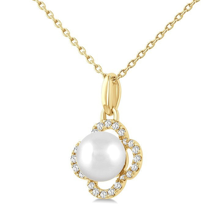 6 MM Cultured Pearl and 1/10 Ctw Round Cut Diamond Clover Petite Fashion Pendant With Chain in 10K Yellow Gold