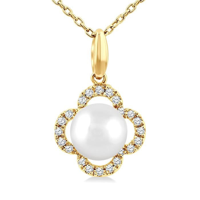 6 MM Cultured Pearl and 1/10 Ctw Round Cut Diamond Clover Petite Fashion Pendant With Chain in 10K Yellow Gold