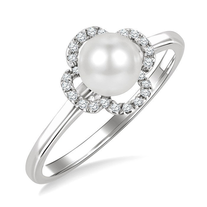 6 MM Cultured Pearl and 1/10 Ctw Round Cut Diamond Clover Petite Fashion Ring in 10K White Gold