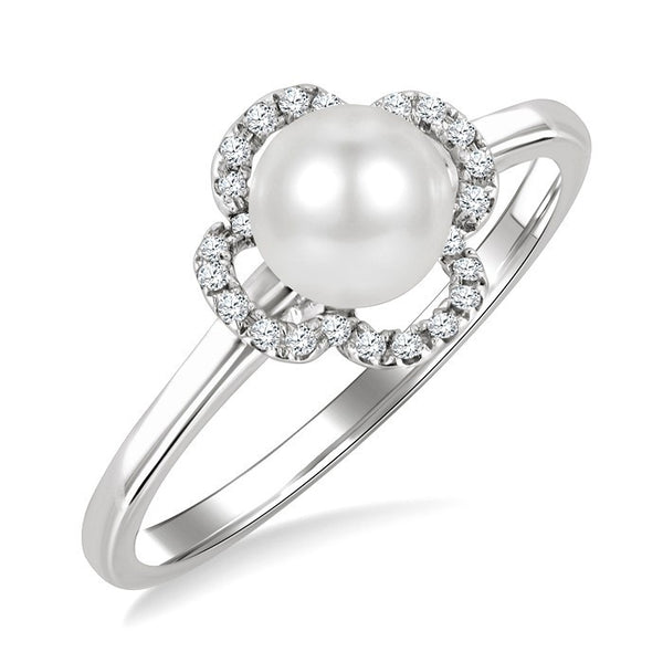 6 MM Cultured Pearl and 1/10 Ctw Round Cut Diamond Clover Petite Fashion Ring in 10K White Gold