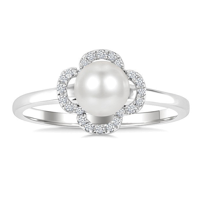 6 MM Cultured Pearl and 1/10 Ctw Round Cut Diamond Clover Petite Fashion Ring in 10K White Gold