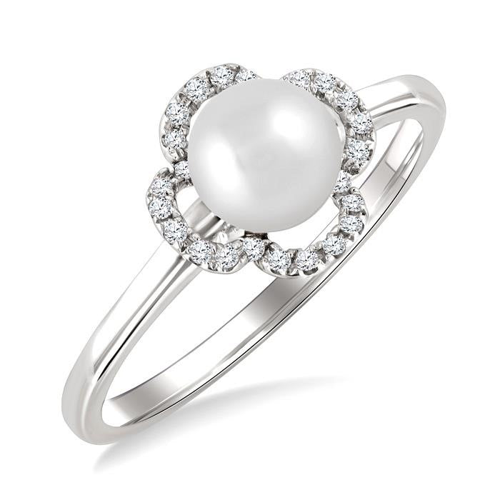 6 MM Cultured Pearl and 1/10 Ctw Round Cut Diamond Clover Petite Fashion Ring in 10K White Gold