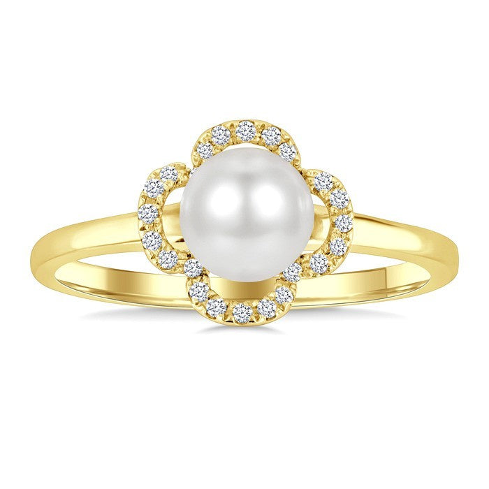 6 MM Cultured Pearl and 1/10 Ctw Round Cut Diamond Clover Petite Fashion Ring in 10K Yellow Gold