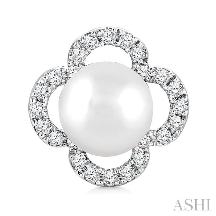 5 MM Cultured Pearl and 1/6 Ctw Round Cut Diamond Clover Petite Fashion Earrings in 10K White Gold