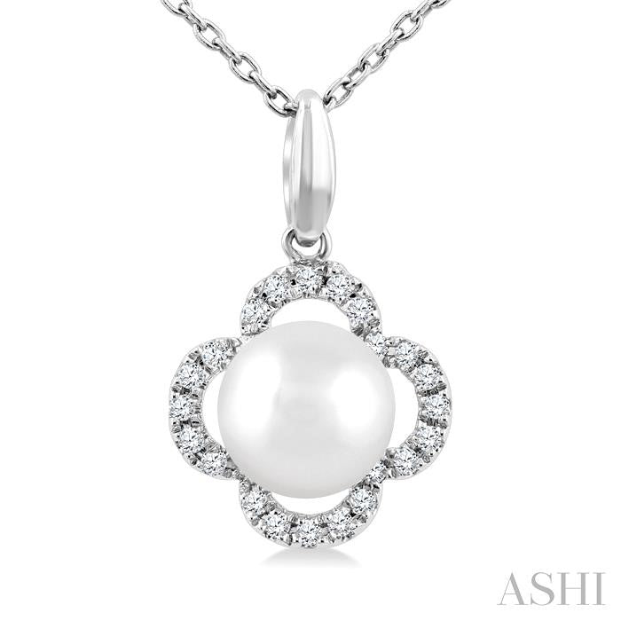 6 MM Cultured Pearl and 1/10 Ctw Round Cut Diamond Clover Petite Fashion Pendant With Chain in 10K White Gold