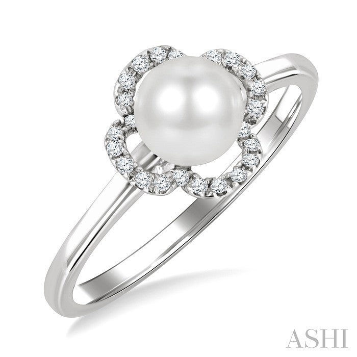 6 MM Cultured Pearl and 1/10 Ctw Round Cut Diamond Clover Petite Fashion Ring in 10K White Gold