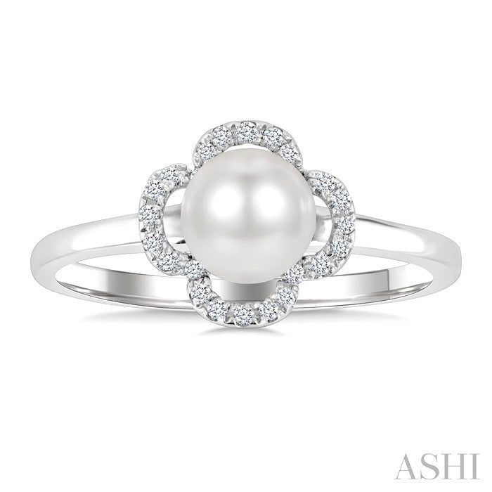 6 MM Cultured Pearl and 1/10 Ctw Round Cut Diamond Clover Petite Fashion Ring in 10K White Gold