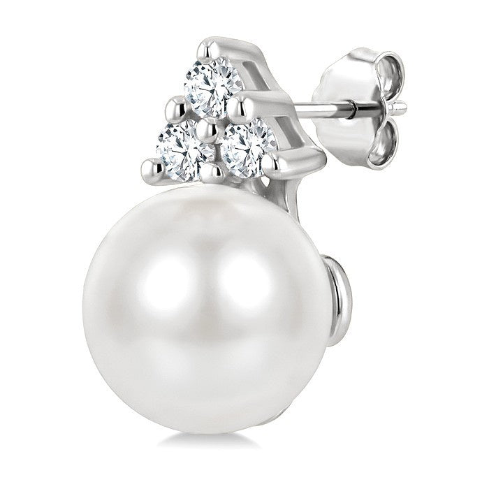 5 MM Cultured Pearl and 1/20 Ctw Round Cut Diamond Fashion Earrings in 14K White Gold