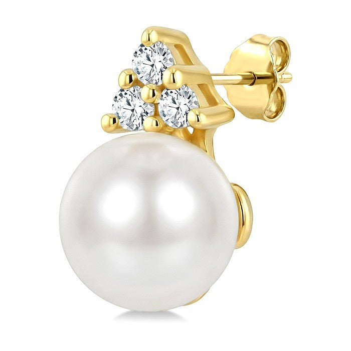 5 MM Cultured Pearl and 1/20 Ctw Round Cut Diamond Fashion Earrings in 14K Yellow Gold