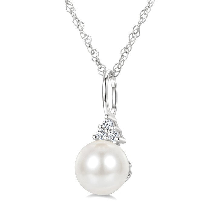 6 MM Cultured Pearl and 1/50 Ctw Round Cut Diamond Fashion Pendant With Chain in 14K White Gold