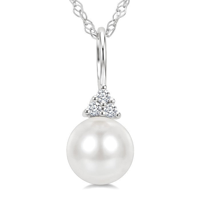 6 MM Cultured Pearl and 1/50 Ctw Round Cut Diamond Fashion Pendant With Chain in 14K White Gold