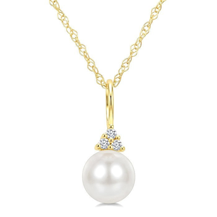6 MM Cultured Pearl and 1/50 Ctw Round Cut Diamond Fashion Pendant With Chain in 14K Yellow Gold