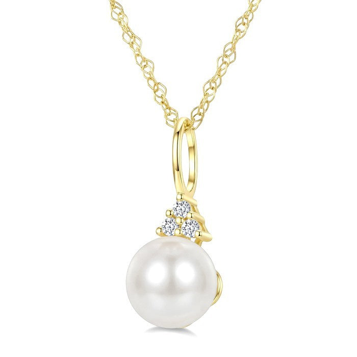 6 MM Cultured Pearl and 1/50 Ctw Round Cut Diamond Fashion Pendant With Chain in 14K Yellow Gold