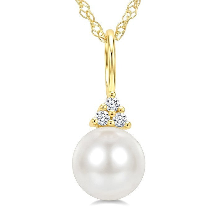 6 MM Cultured Pearl and 1/50 Ctw Round Cut Diamond Fashion Pendant With Chain in 14K Yellow Gold