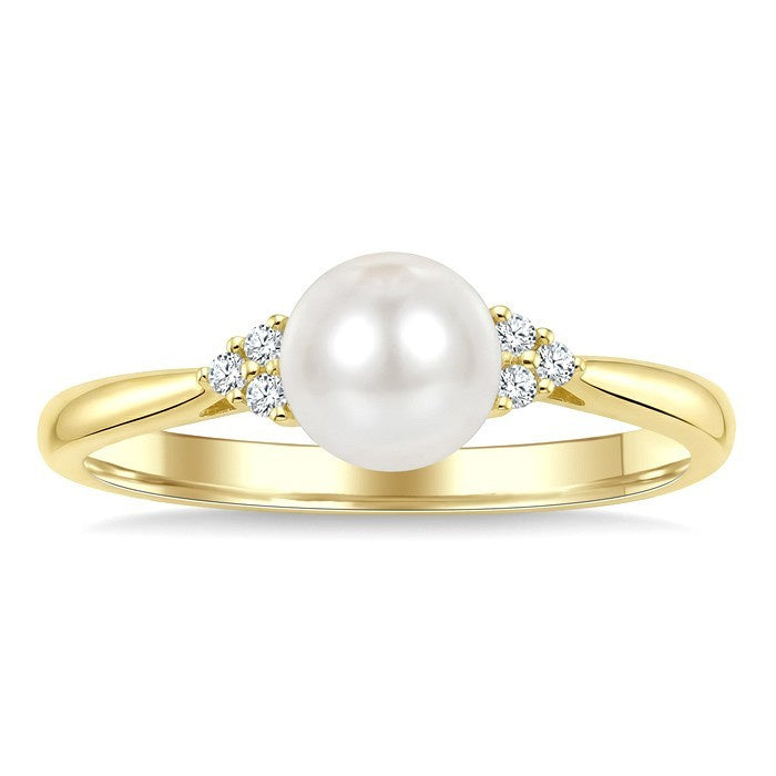 6 MM Cultured Pearl and 1/20 Ctw Round Cut Diamond Fashion Ring in 14K Yellow Gold