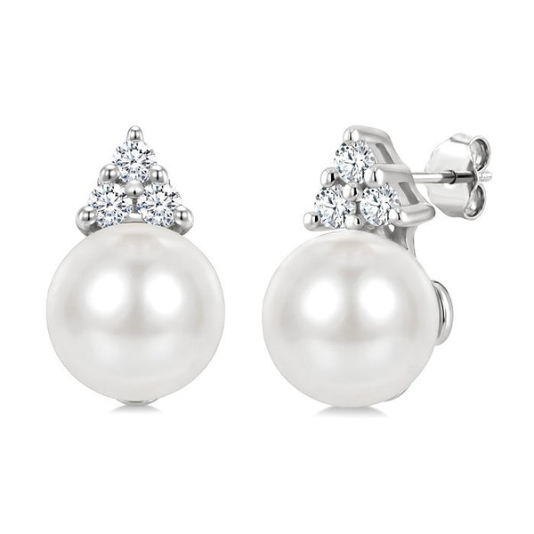 5 MM Cultured White Pearl and 1/20 Ctw Round Cut Diamond Fashion Earrings in 10K White Gold