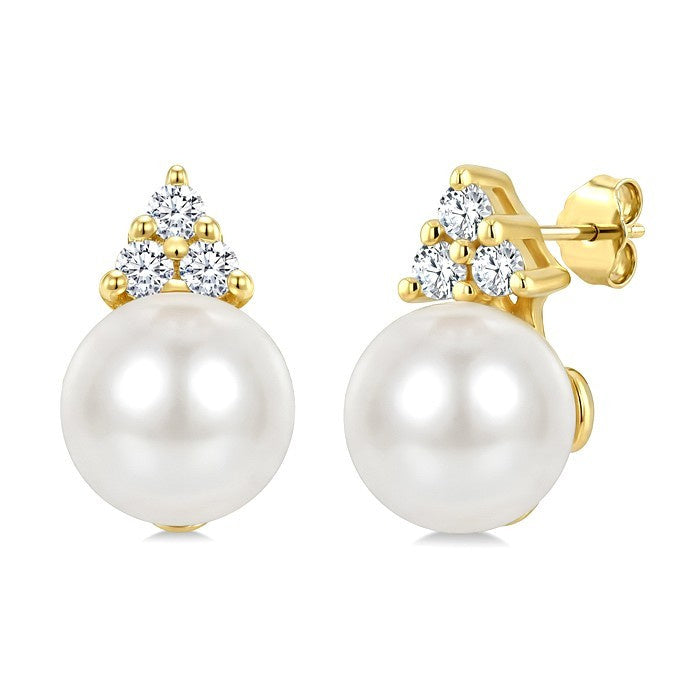 5 MM Cultured White Pearl and 1/20 Ctw Round Cut Diamond Fashion Earrings in 10K Yellow Gold