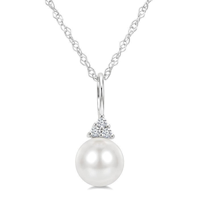 6 MM Cultured White Pearl and 1/50 Ctw Round Cut Diamond Fashion Pendant With Chain in 10K White Gold