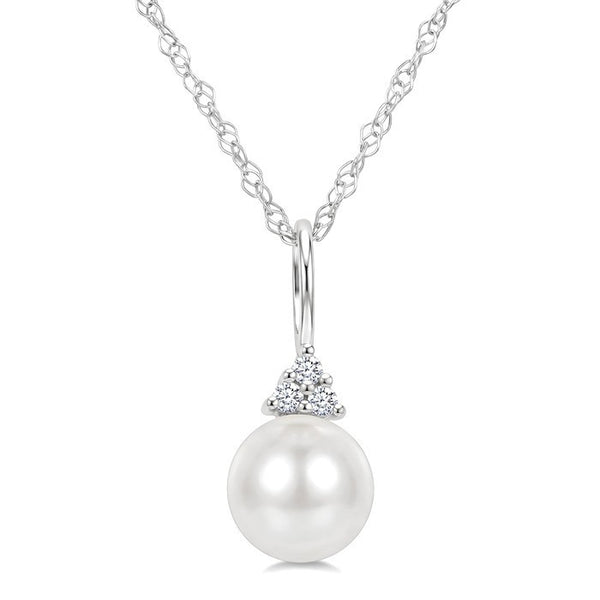 6 MM Cultured White Pearl and 1/50 Ctw Round Cut Diamond Fashion Pendant With Chain in 10K White Gold