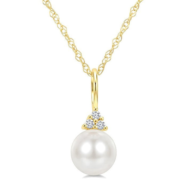 6 MM Cultured White Pearl and 1/50 Ctw Round Cut Diamond Fashion Pendant With Chain in 10K Yellow Gold