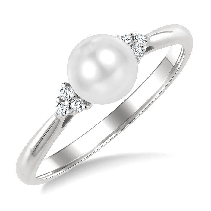 6 MM Cultured White Pearl and 1/20 Ctw Round Cut Diamond Fashion Ring in 10K White Gold
