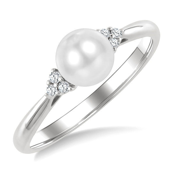 6 MM Cultured White Pearl and 1/20 Ctw Round Cut Diamond Fashion Ring in 10K White Gold