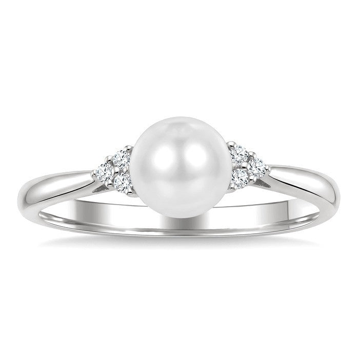 6 MM Cultured White Pearl and 1/20 Ctw Round Cut Diamond Fashion Ring in 10K White Gold
