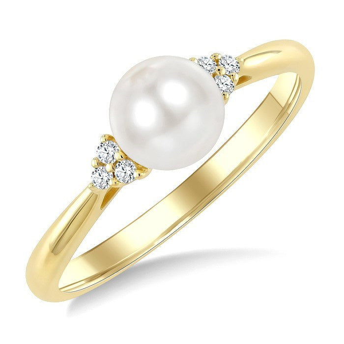 6 MM Cultured White Pearl and 1/20 Ctw Round Cut Diamond Fashion Ring in 10K Yellow Gold