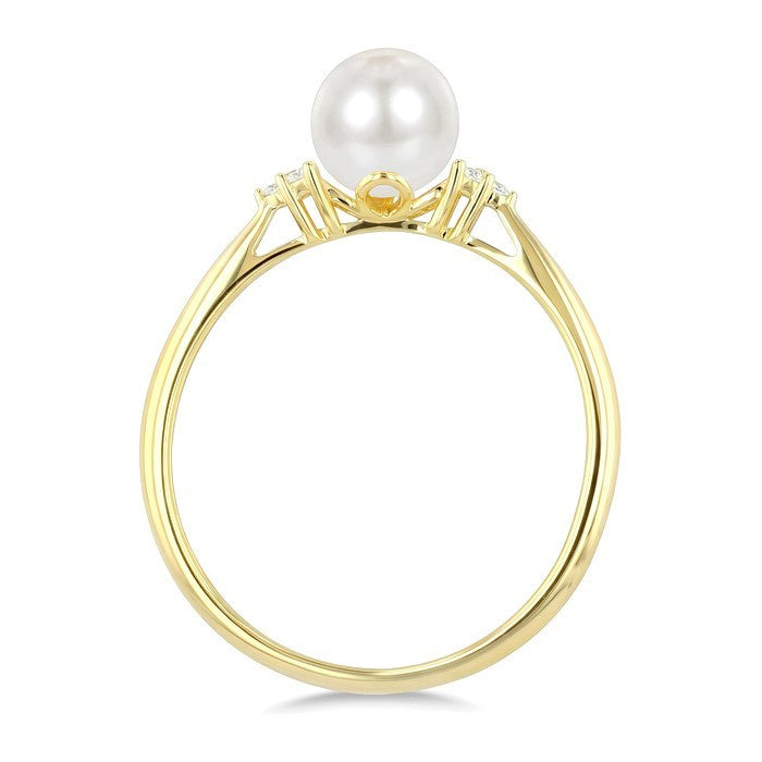6 MM Cultured White Pearl and 1/20 Ctw Round Cut Diamond Fashion Ring in 10K Yellow Gold