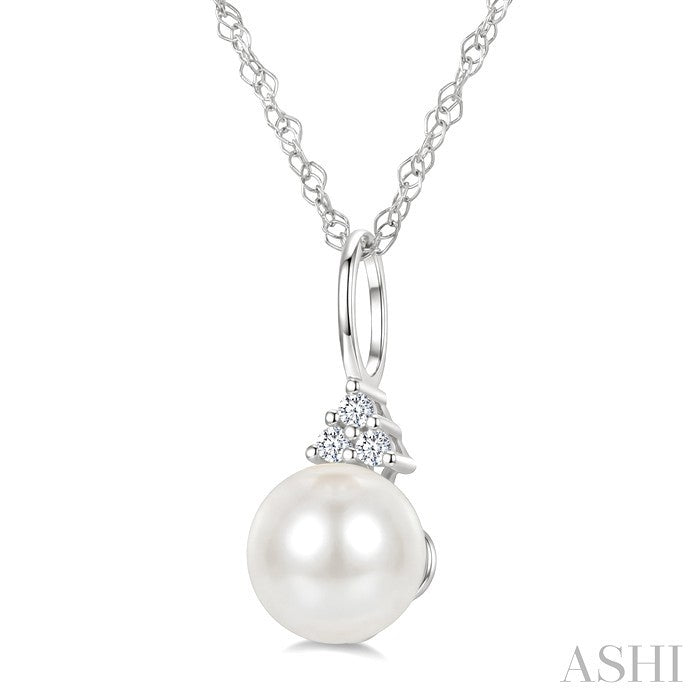 6 MM Cultured Pearl and 1/50 Ctw Round Cut Diamond Fashion Pendant With Chain in 14K White Gold