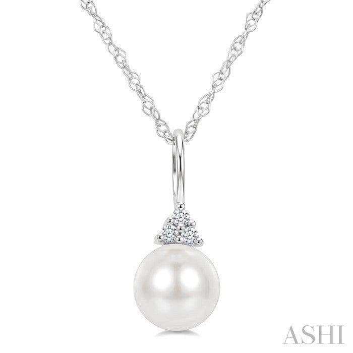 6 MM Cultured Pearl and 1/50 Ctw Round Cut Diamond Fashion Pendant With Chain in 14K White Gold