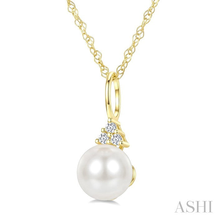 6 MM Cultured Pearl and 1/50 Ctw Round Cut Diamond Fashion Pendant With Chain in 14K Yellow Gold