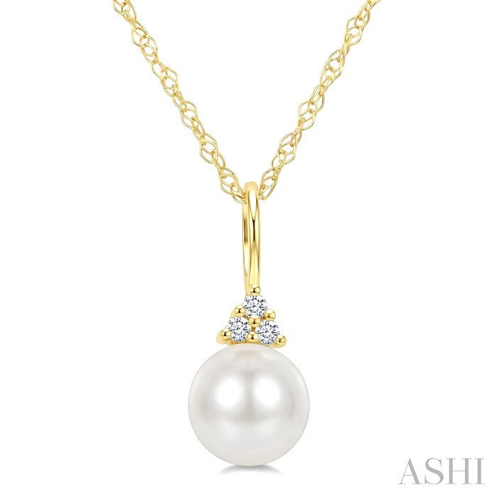6 MM Cultured Pearl and 1/50 Ctw Round Cut Diamond Fashion Pendant With Chain in 14K Yellow Gold