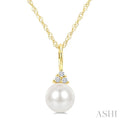 6 MM Cultured Pearl and 1/50 Ctw Round Cut Diamond Fashion Pendant With Chain in 14K Yellow Gold