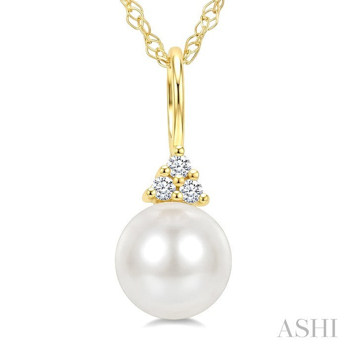 6 MM Cultured Pearl and 1/50 Ctw Round Cut Diamond Fashion Pendant With Chain in 14K Yellow Gold
