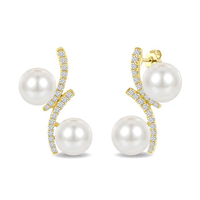 6.5 MM and 7 MM White Cultured Pearl and 1/5 Ctw Round Cut Diamond 2 Stone Fashion Earrings in 10K Yellow Gold